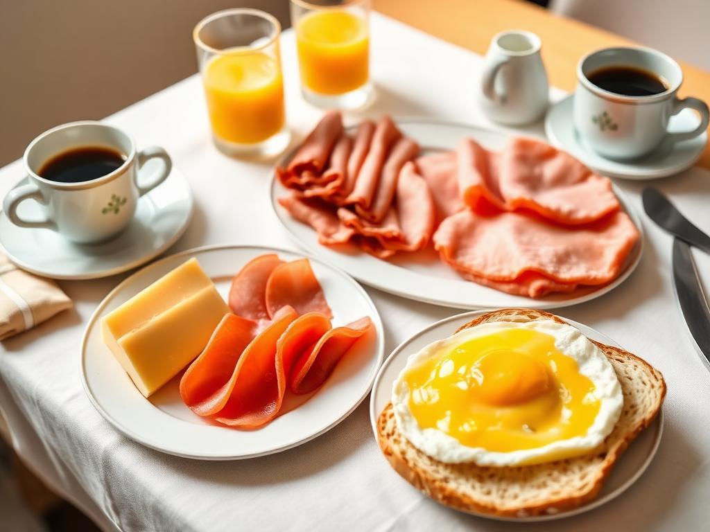Dutch breakfast with bread, cheese, ham and coffee