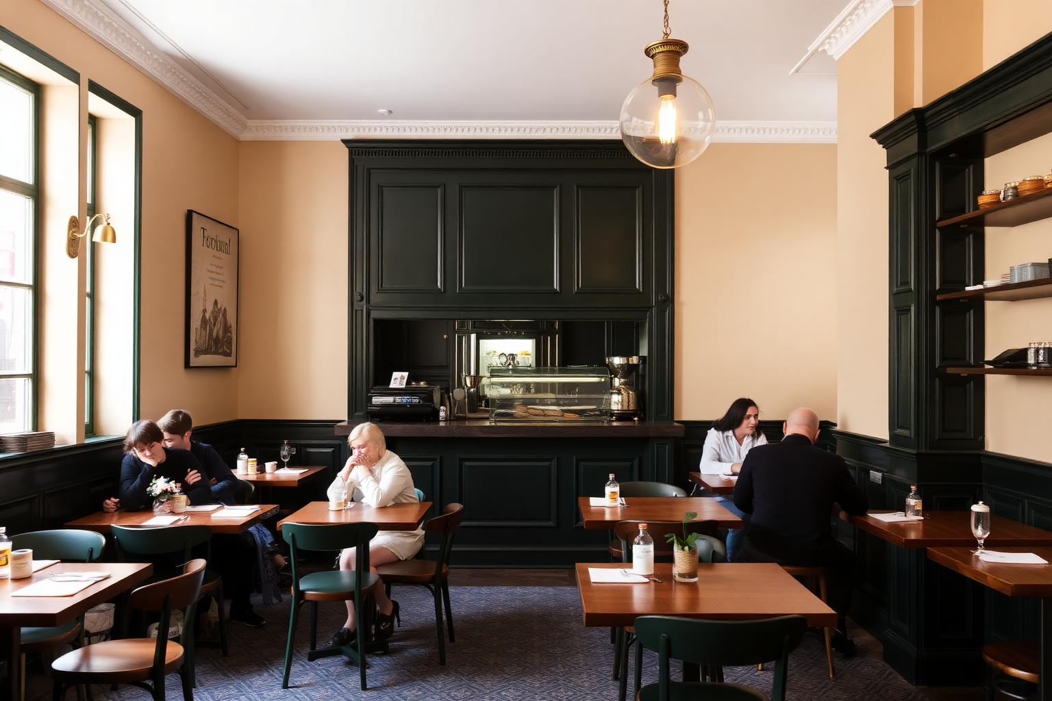 Cosy interior of Anne Bakery Amsterdam with wooden tables and dark green panelling